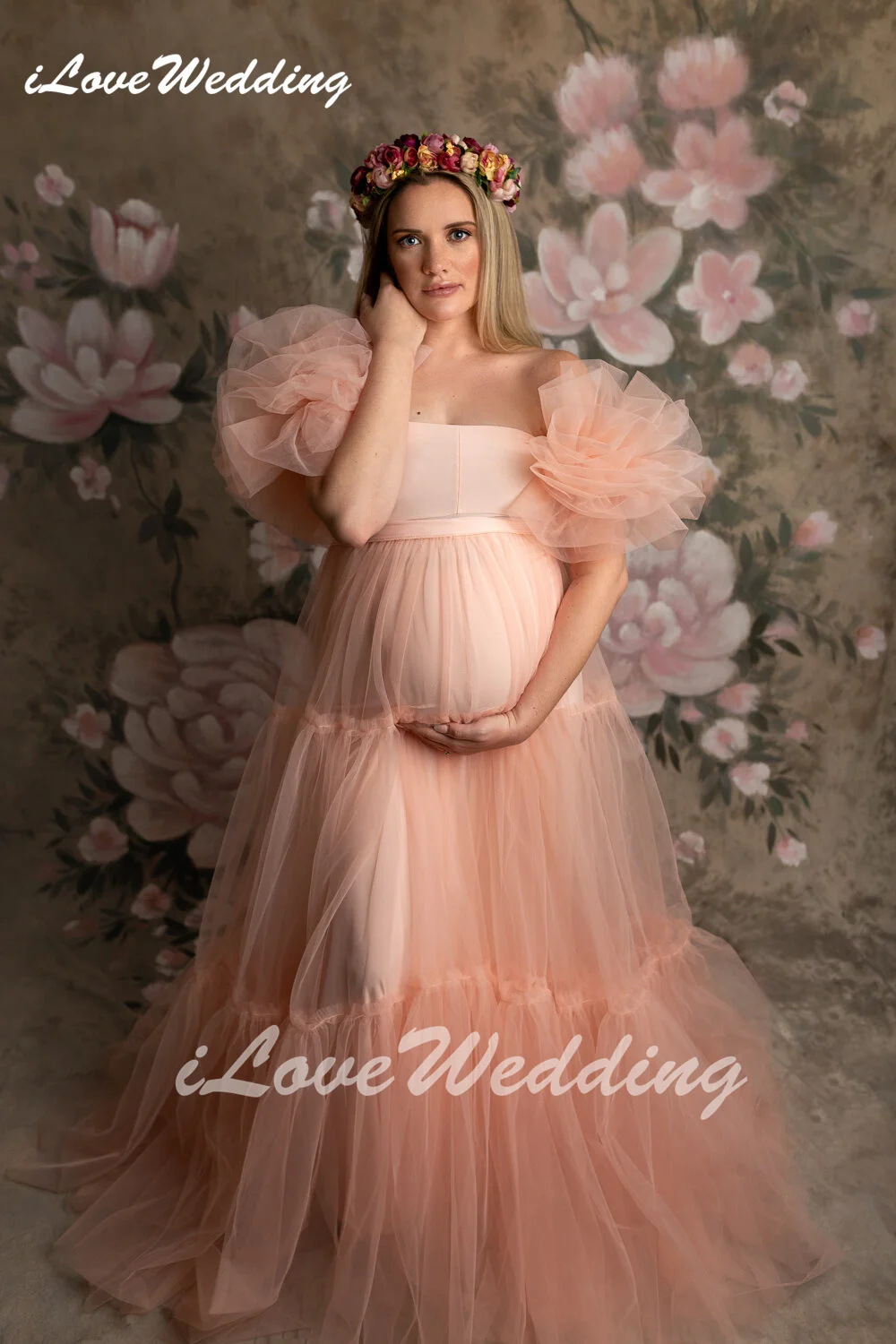 Blush Maternity Dresses A-Line Square Collar Tiered Pregnant Women Gown for Photoshoot Tulle Off Shoulder Pregnancy Babyshower