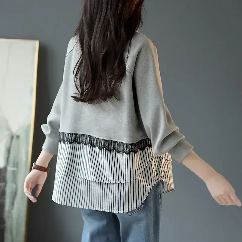 Chemisier rayé deux pièces en dentelle épissé imprimée pour femme, vêtement ample et décontracté, chemise coréenne, nouvelle collection automne 2022