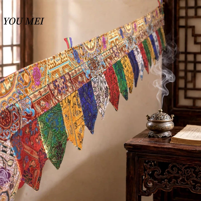 Tibetan-Style Canopy Banner,Five-Colored Pointed Wall Curtains,Buddhist Hall Arrangement Hanging Colorful Pointed Victory Banner