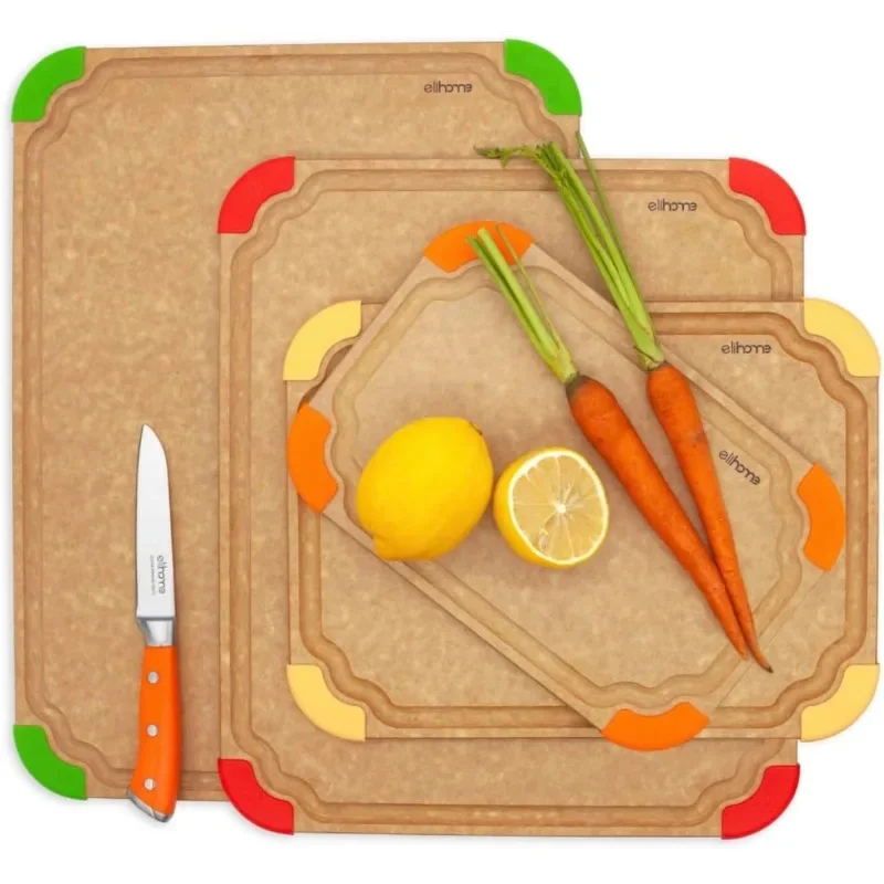 Innovative Premium Series 4-in-1 Kitchen Cutting Board Set, Non Slip Feet, Color Coded with Food Icon, Natural Wood Fiber, Dishw