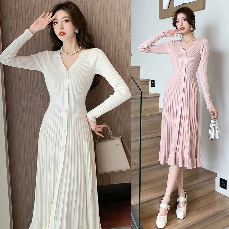 France New Autumn Winter Pink Knitted Pleated Midi Dress High Quality Women V Neck Diamonds Button Long Sleeve Sweater Vestidos