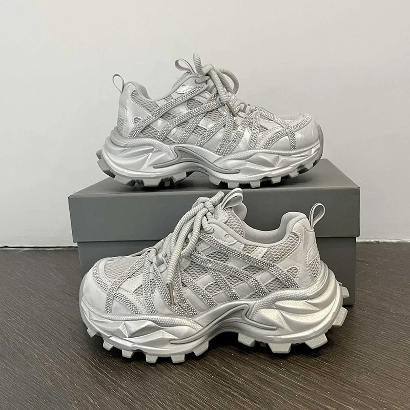 

Platform Chunky Sneakers Shiny Rhinestone-embellished Dad Shoes Anti-slip Height Increasing Casual Mesh Sports Shoes For Women