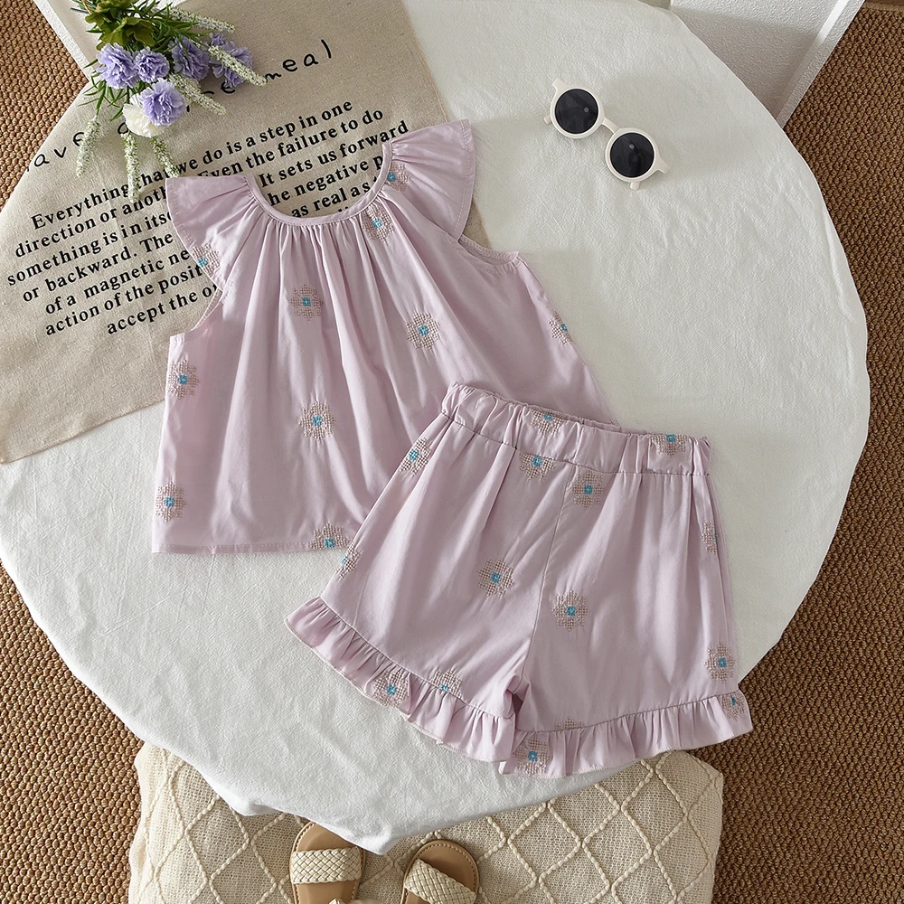 Sommermode-Set für Mädchen, Kinder-Blumendruck, fliegende Ärmel, Top + Shorts, zweiteiliges, süßes, erfrischendes Set für kleine Mädchen – Detail 26