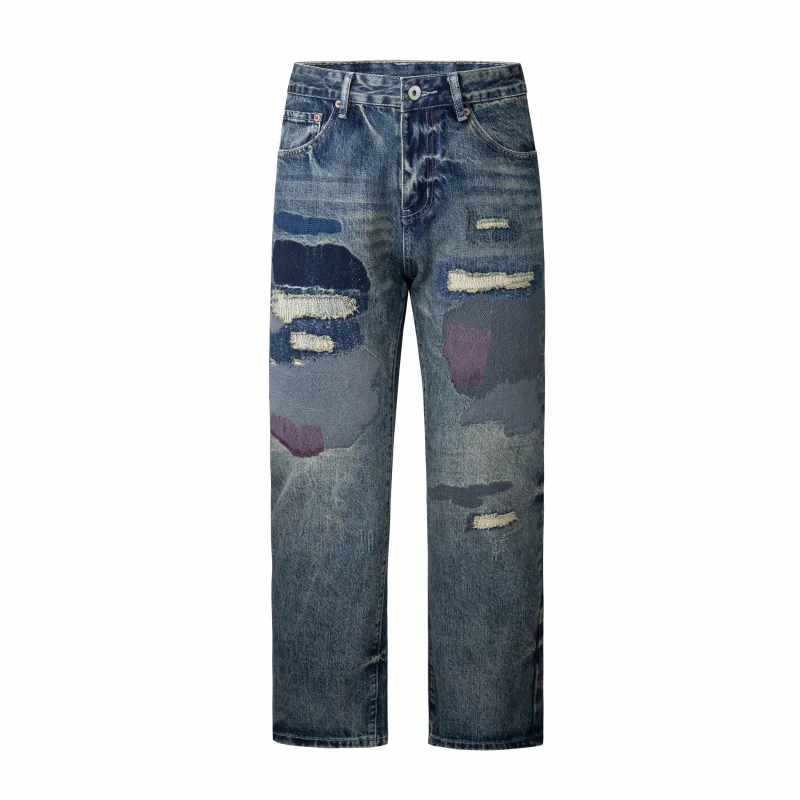 

8632 American style hole patched jeans men's tide washed loose street splash of paint straight trousers men
