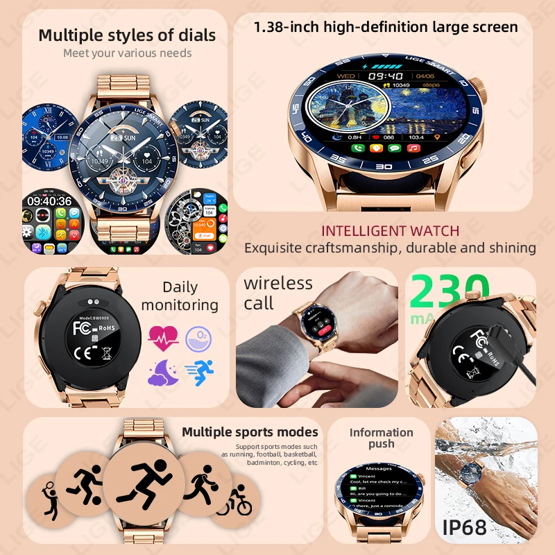 LIGE nuevo reloj inteligente con pantalla HD de 1,38 pulgadas para hombres, asistente de voz AI, llamada Bluetooth, relojes para hombres, Monitor de salud para mujeres, reloj inteligente deportivo