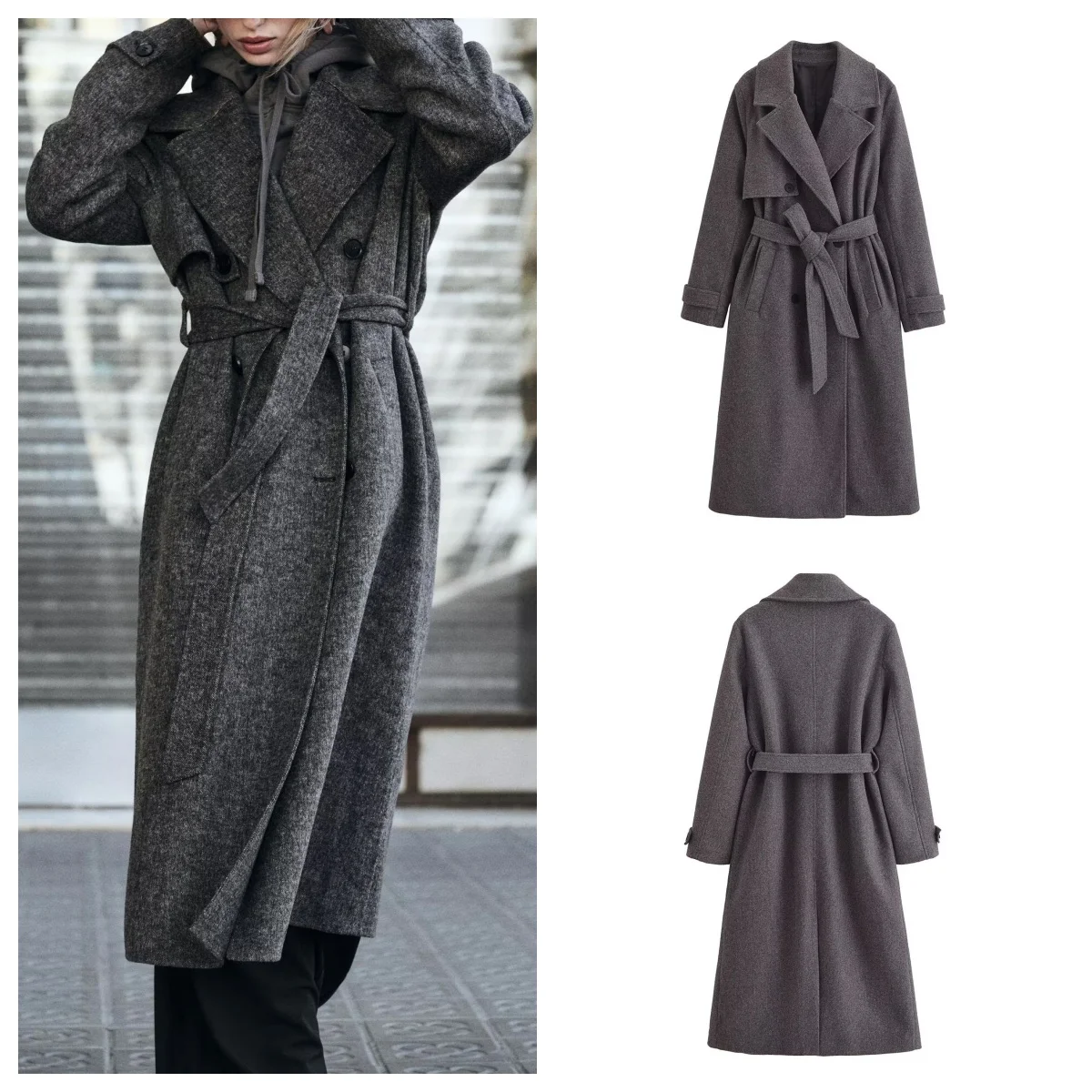 Autumn and winter new style lapel double-breasted woolen coat with belt for women fashionable and versatile long woolen coat