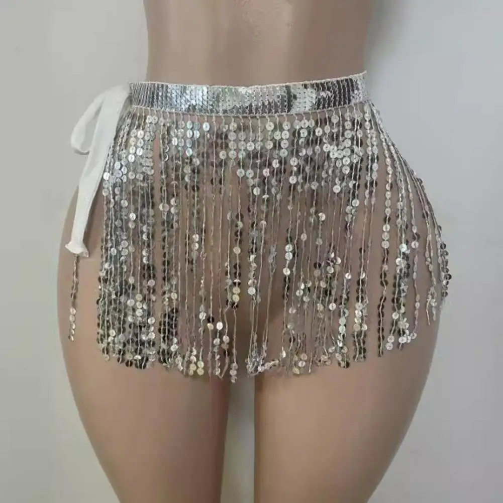 2026 Sequin Tassel Skirt Wrap Belly Dance Sparkling Mini Skirt Fringe Hip Scarf for Rave Festival Outfit Performance Costume
