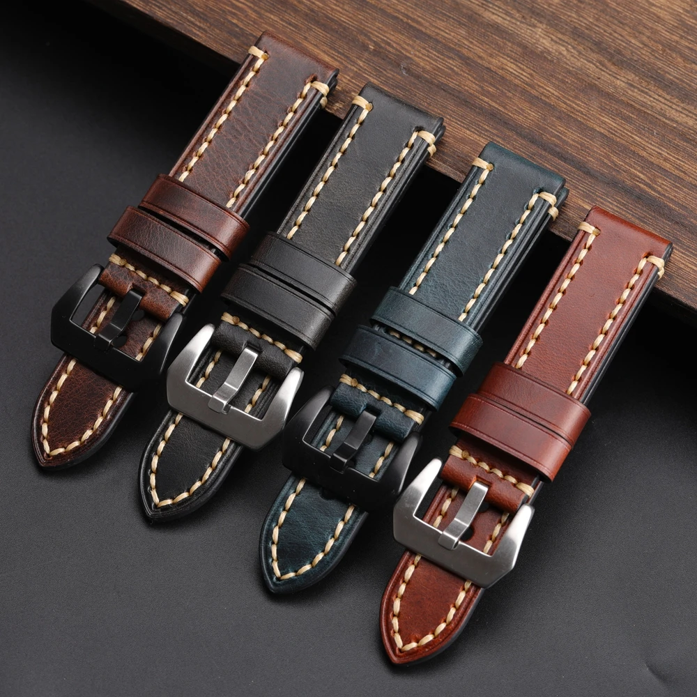 High end Italian oil wax leather strap 20 22 24MM vintage men's leather bracelet, thickened to fit mechanical watchband