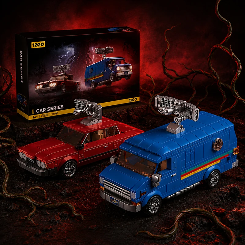 Set di mattoncini per costruire un veicolo in stile retrò anni '80, modellino di auto, furgone strano, auto da corsa del Mystery Town, giocattoli, regali da collezione per i fan, kit da esposizione 2