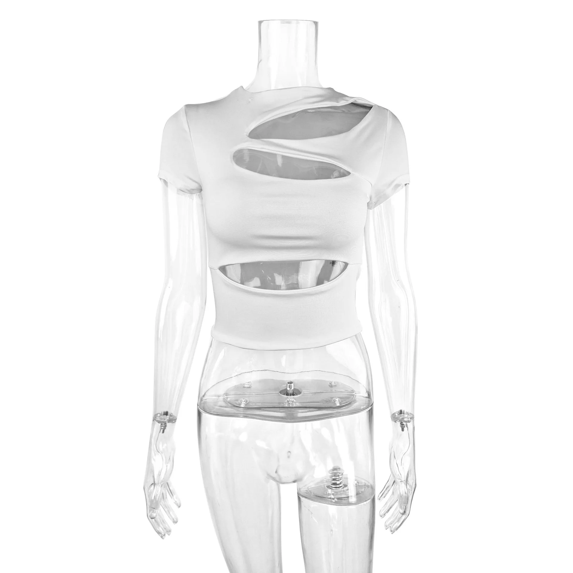 Amazon estilo europeo y americano novedad de verano Top de manga corta con cuello redondo gran oferta Top corto Sexy recortado Top para mujer