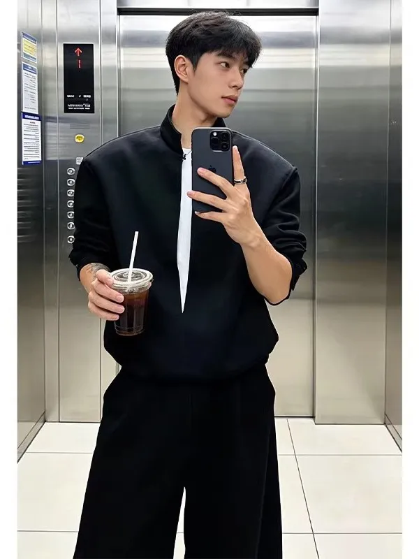 

Bla Hoodie And Loose Wide Leg Pants Set for Men Cool Casual Street Sle Korean Faion Ensemble Long Sve Spring Wear