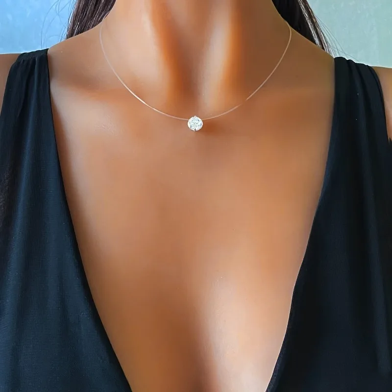 Fashion Shiny Crystal Necklace For Women Female Transparent Fishing Line Round Zircon Choker Minimalist Clavicle Chain Jewelry