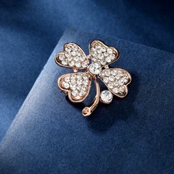 Pretty Shiny Clover Crystal Lapel Pins Rose Gold Plated Lucky Grass Rhinestone Brooches Cheap Women Jewelry Wholesale