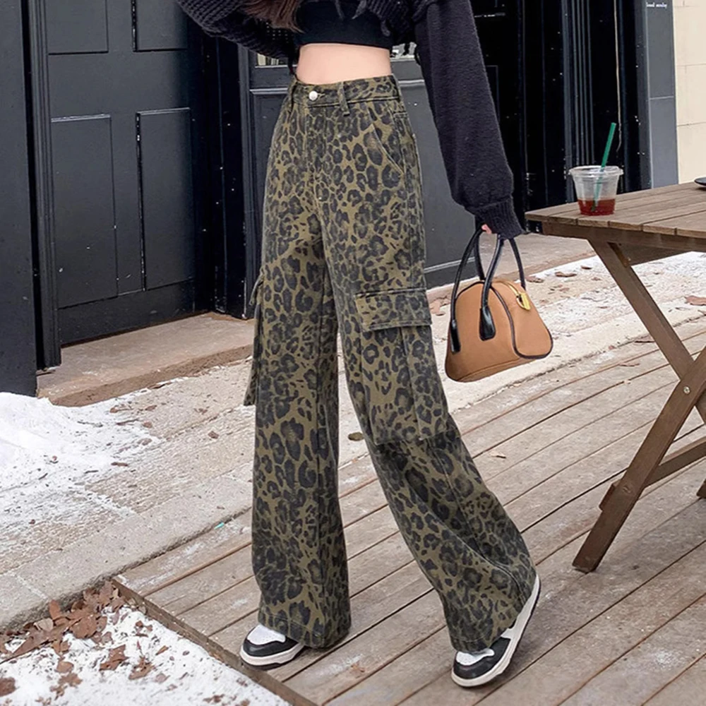 

Женские новые широкие джинсовые рабочие брюки, весна-осень, новые Y2K Spicy Girl Style, леопардовый узор, свободные прямые тонкие брюки, модные