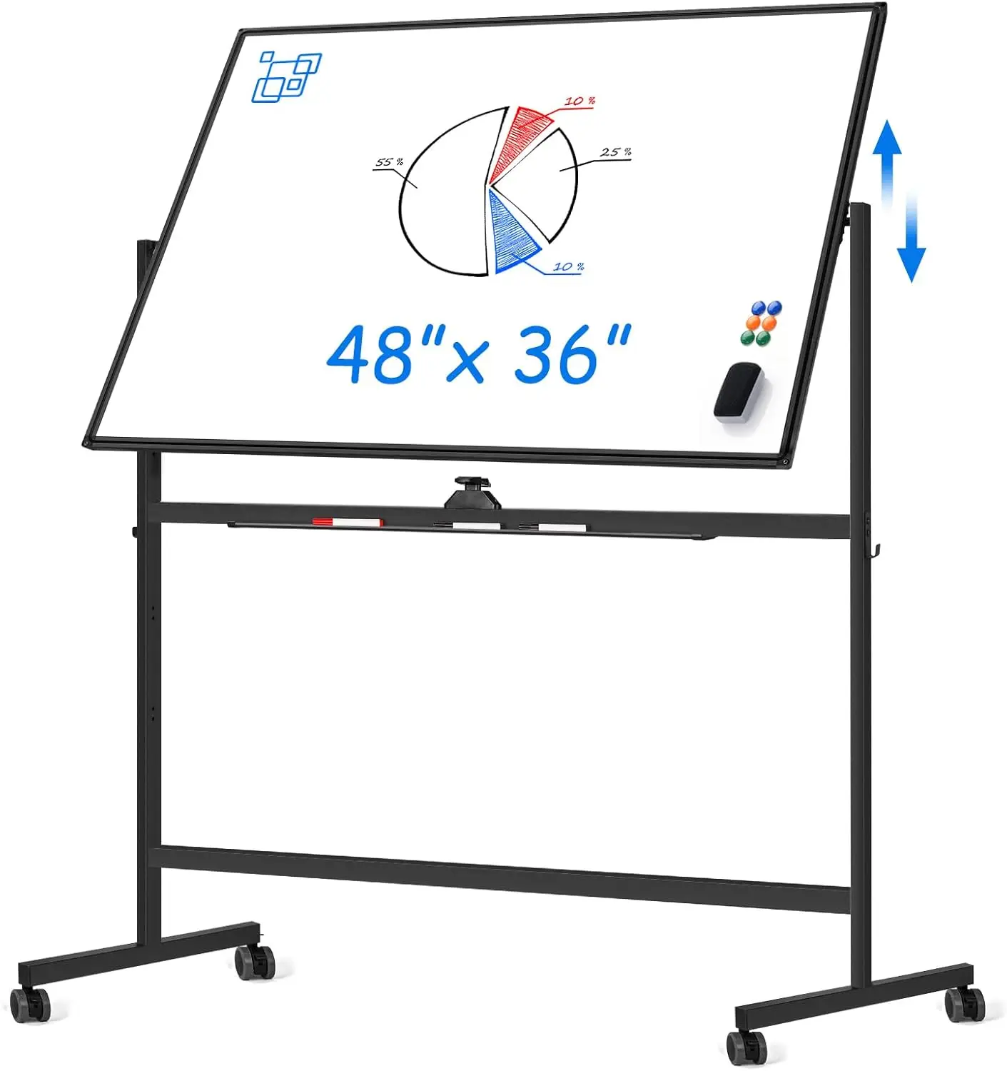 

48x36 Inch Double-Sided Mobile Whiteboard on Wheels, Magnetic Dry Erase Board for Classroom Office Home Use