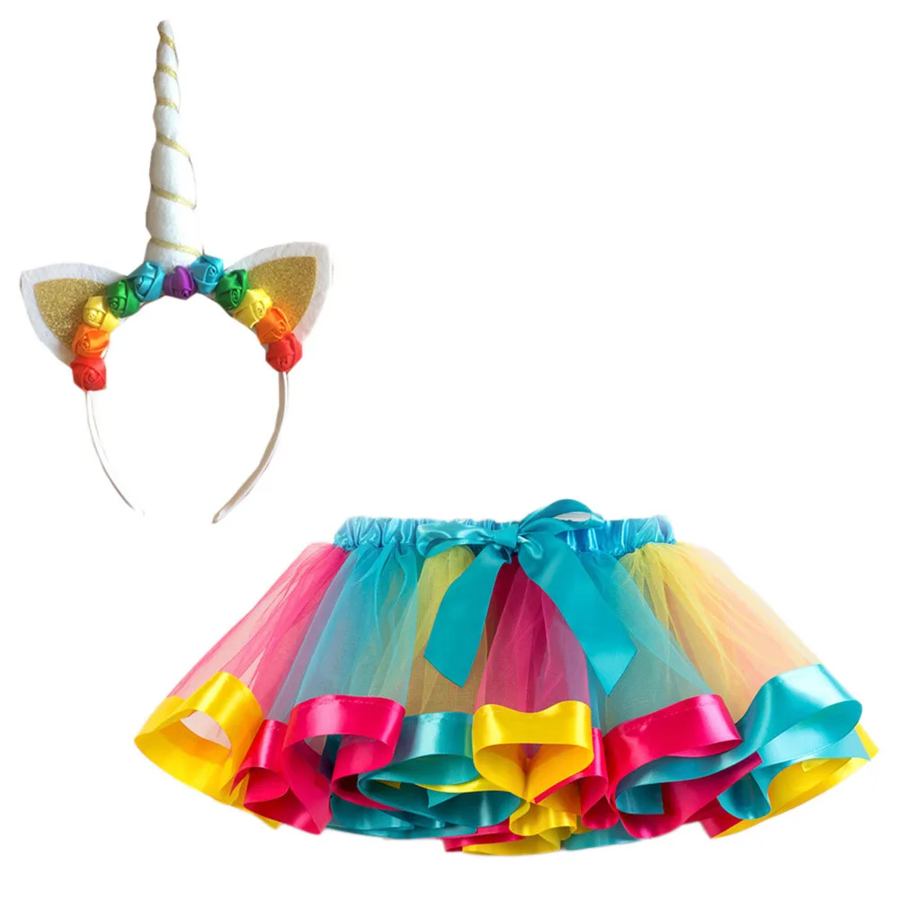 Kinder-Regenbogen-Einhorn-Tutu-Rock-Set, himmelblau, gestufte Rüschen, elastische Taille, Schleife, Band, perfekt für Karneval, Ballett, Party, Tanz