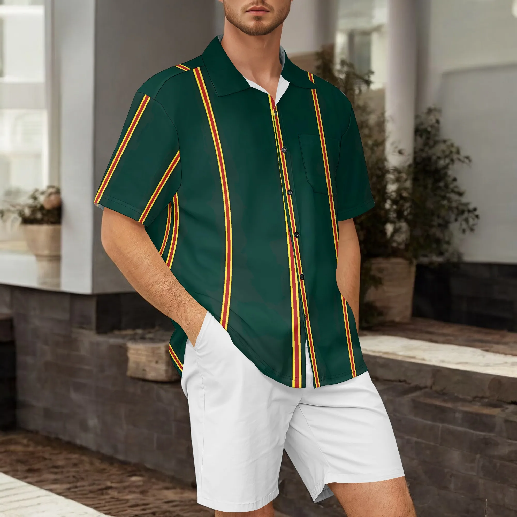 

YEAE Green Striped Print Shirt for Men Summer Casual Short Sleeve Top