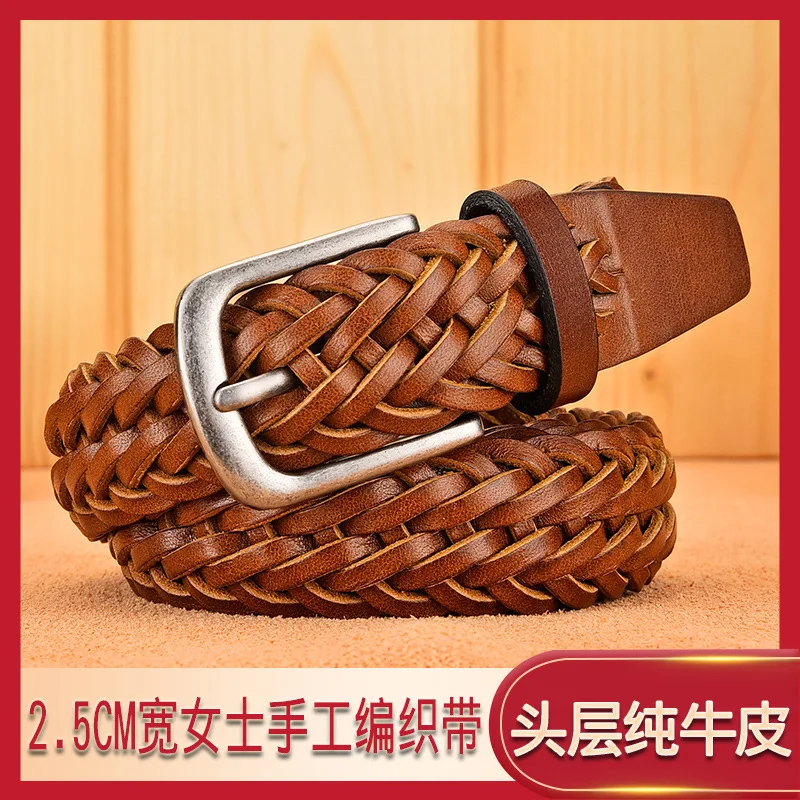 2023 Women Casual Luxury New Style Width 2.5cm  Woven Belt Needle Buckle Real Leather Head Layer Cowhide Handmade Decorative