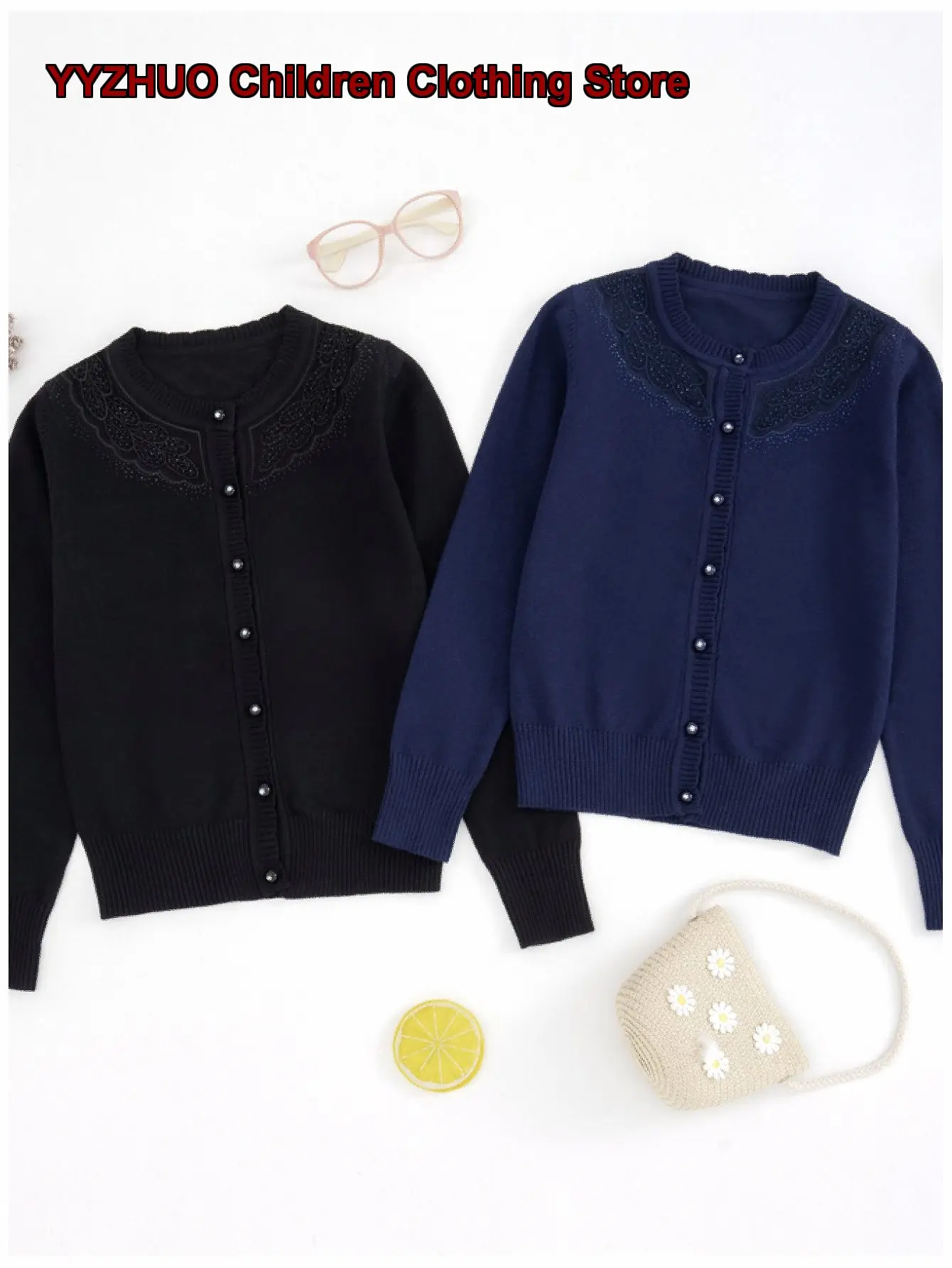 Girls Knit Cardigan Infant Spring Autumn Round Neck Hollow Out Sequin School Uniform Trendy
