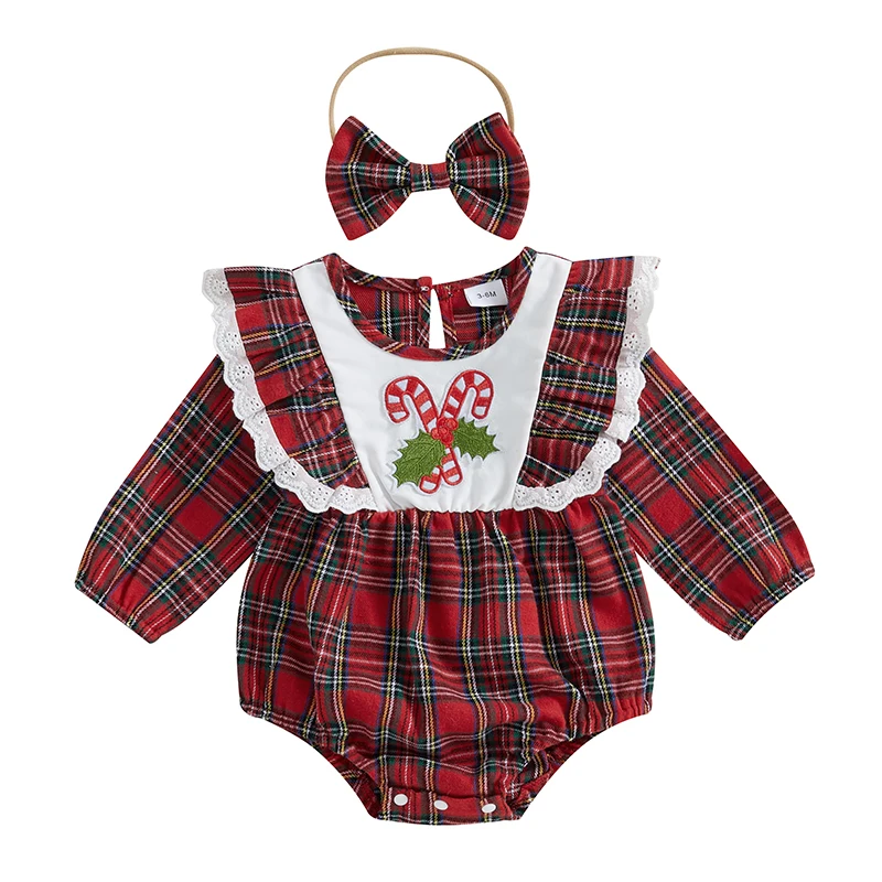 Newborn Baby Girl Christmas Outfit Lace Trim Plaid Romper Long Sleeve Bodysuit Headband Winter Clothes