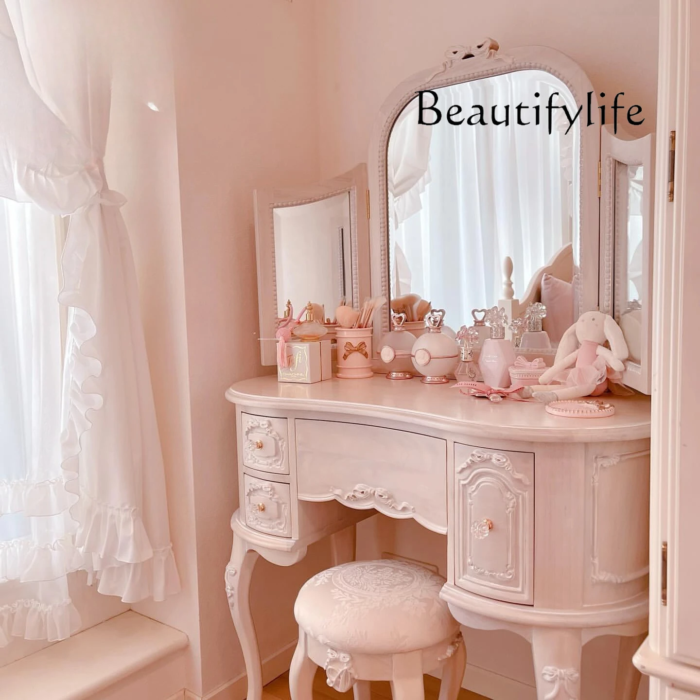 

French solid wood pink bedroom pink princess style dressing table American engraved flower with mirror dressing table furniture