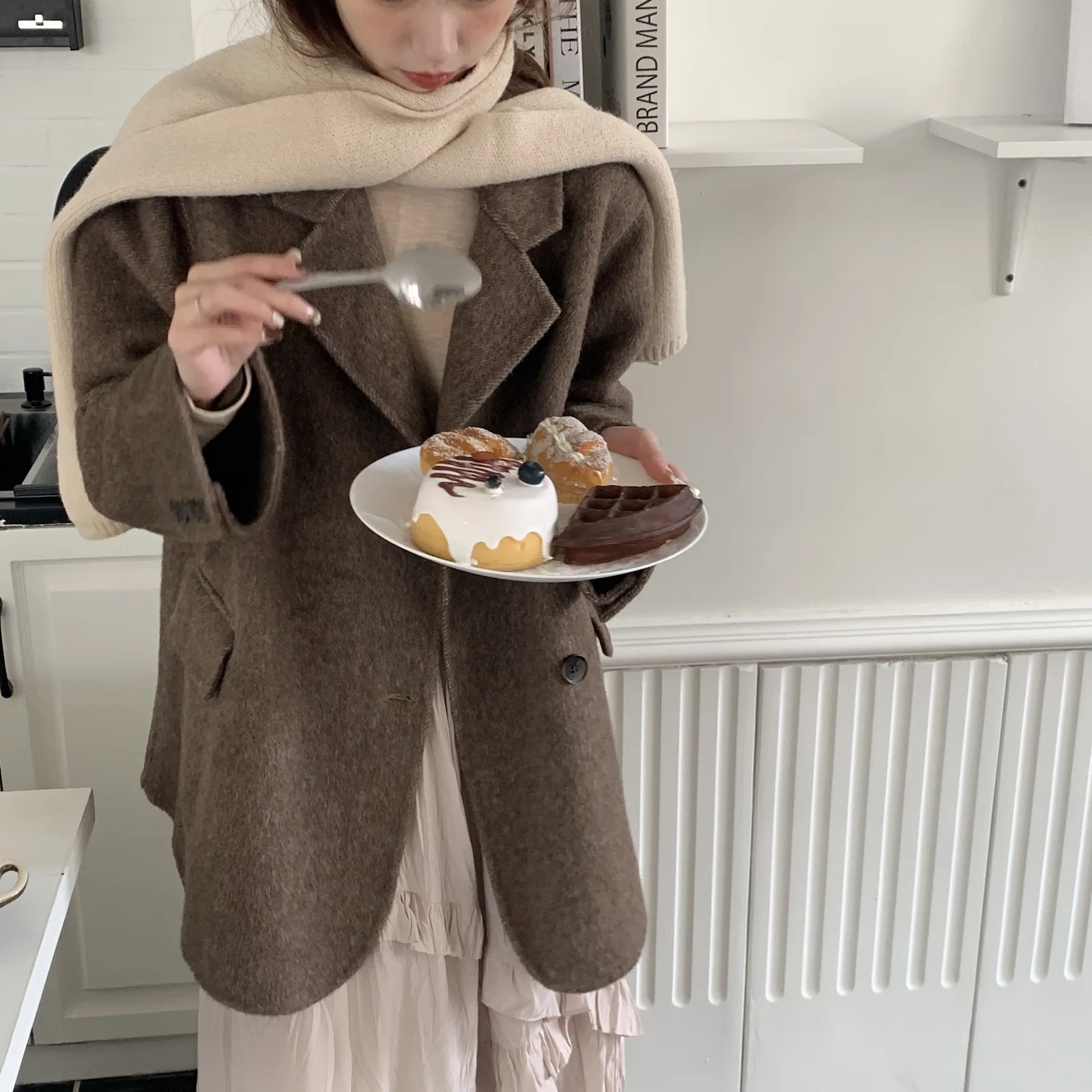 

Sli Double-sided Woolen Suit Jaet Brown Mix 80% Wool Quali Faionable Bloggers Design Casual Chic Women's Coat