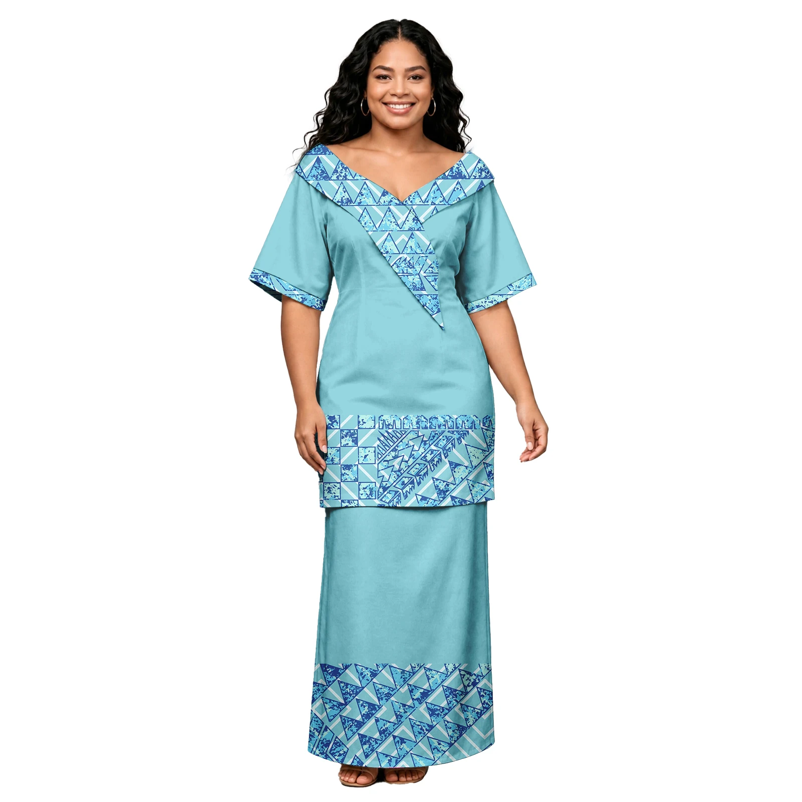 Women Island Dress Pacific Low Price Custom Pattern Classic Samoan Puletasi Polynesian Tribal Design Ladies Y-Neck Puletasi Set