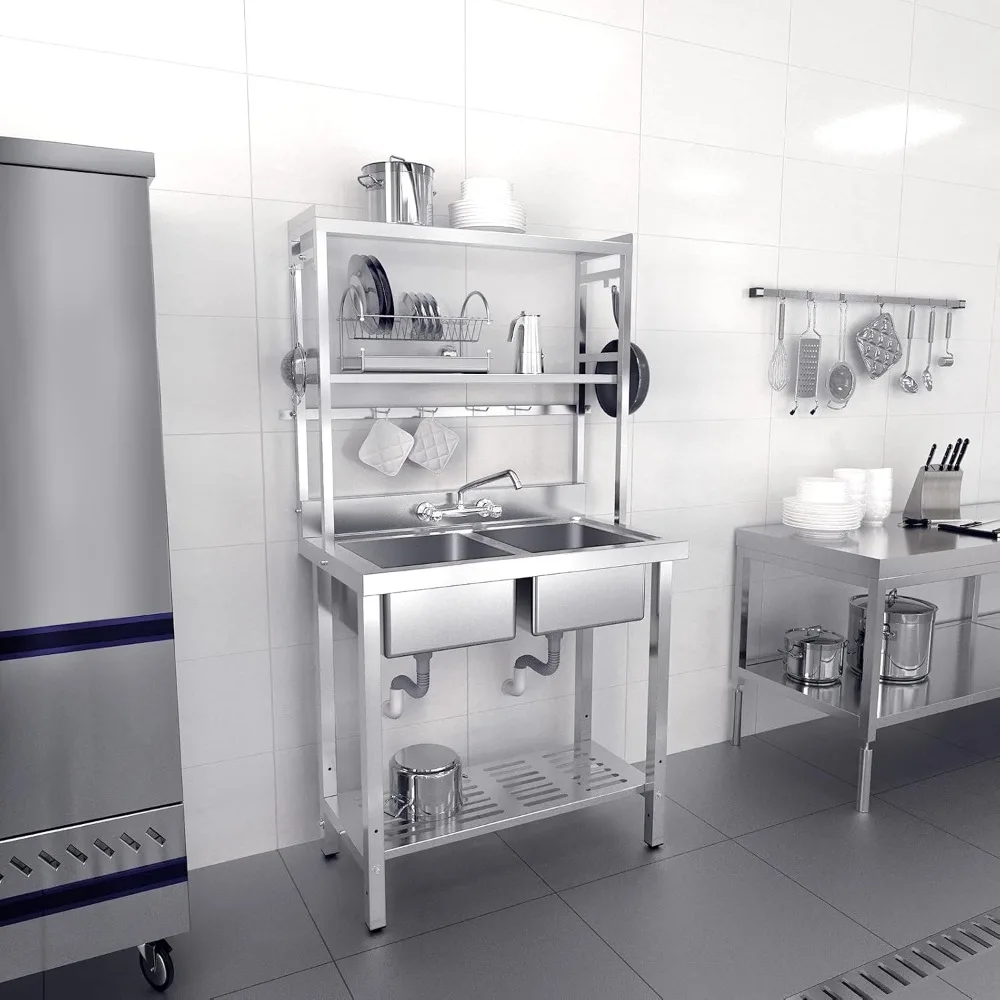 

67" 2-Compartment Commercial Sink with Shelves Over & Drying Rack Underneath, 304 Stainless Steel Sink Double Basin with Drain