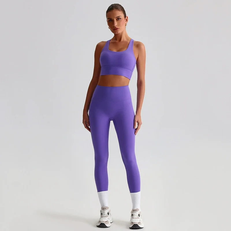 Naked Feel Yoga Set Women Fitness Sportswear 2 Piece Strappy Sports Bra High Waist Gym Leggings Workout Outfit Active Wear image 6
