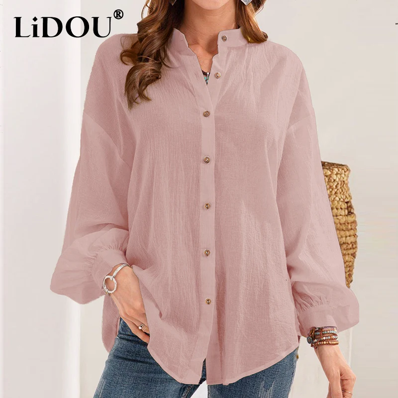 Spring Summer Cotton Linen Stand Collar Single Breasted Loose Casual Shirt Top Women Lantern Long Sleeve Simple Cardigan Blouse