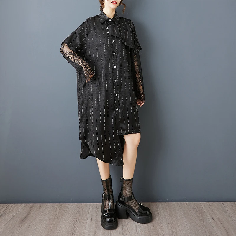 Loose Lace Insert Asymmetrical irt Dr Striped Patchwork Faion Design Summer Women's plus Size Dr  Collar Long S...