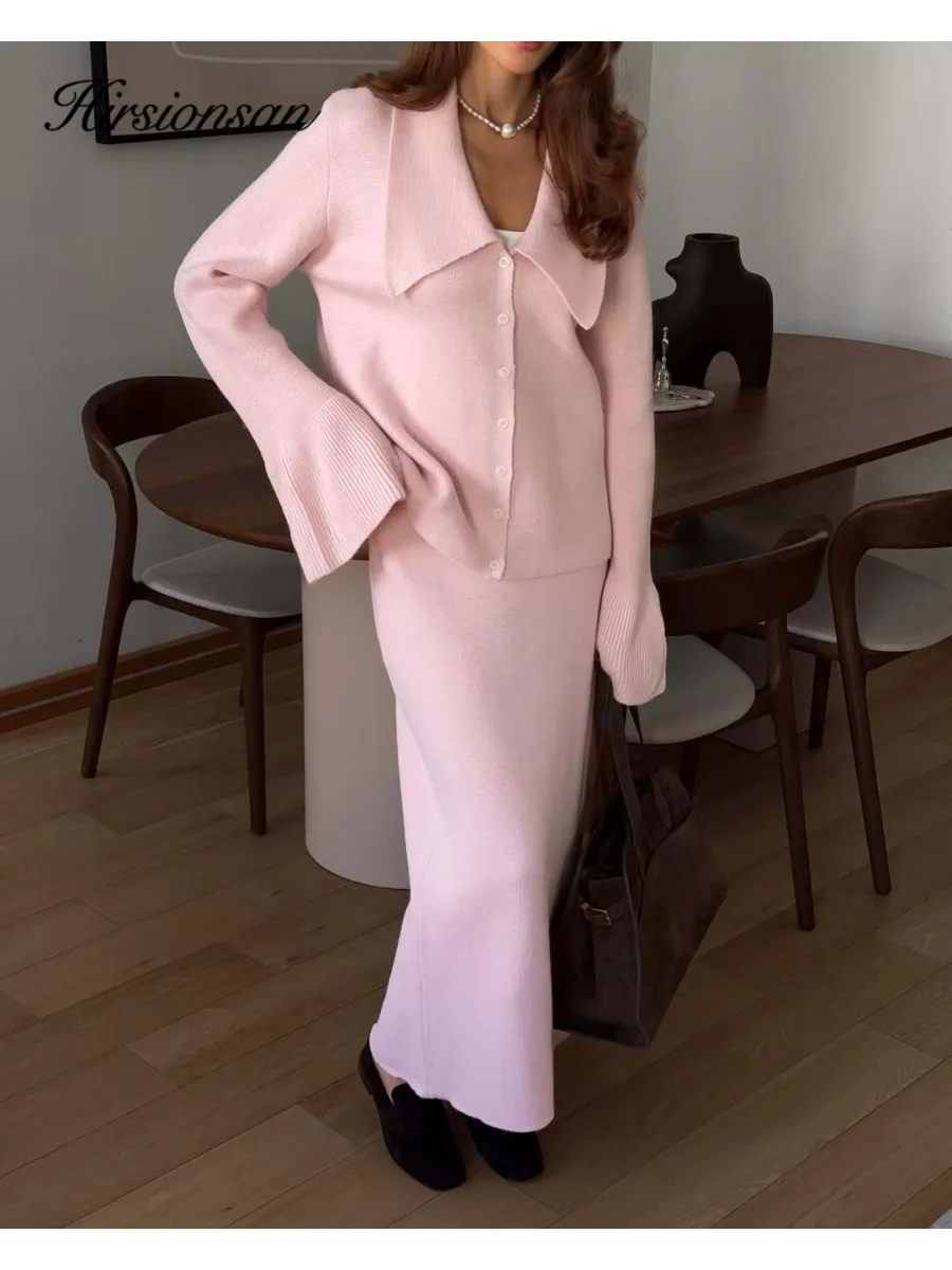 Hirsionsan Sexy Soft Elegant Vintage Women Suits 2 Pieces Female Sets Polo Neck Cardigan Sweater & Midi Dress Knitted TrackSuit