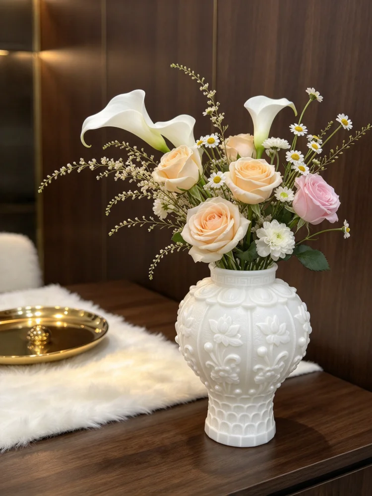 Textured Lotus Relief Vase, 3D Printed in White Petg Material, Octagonal Ball-Shaped Narrow Mouth Design, Combining Vintage Elegance with Modern Aesthetics, Bohemian Style Tabletop Flower Vessel, Pastoral Style Neutral Home Decor, Suitable for Dried Reed Flower Arrangements, Living Room Entryway Shelf Decoration, Bedroom Bathroom Office Wedding Decorative Vase