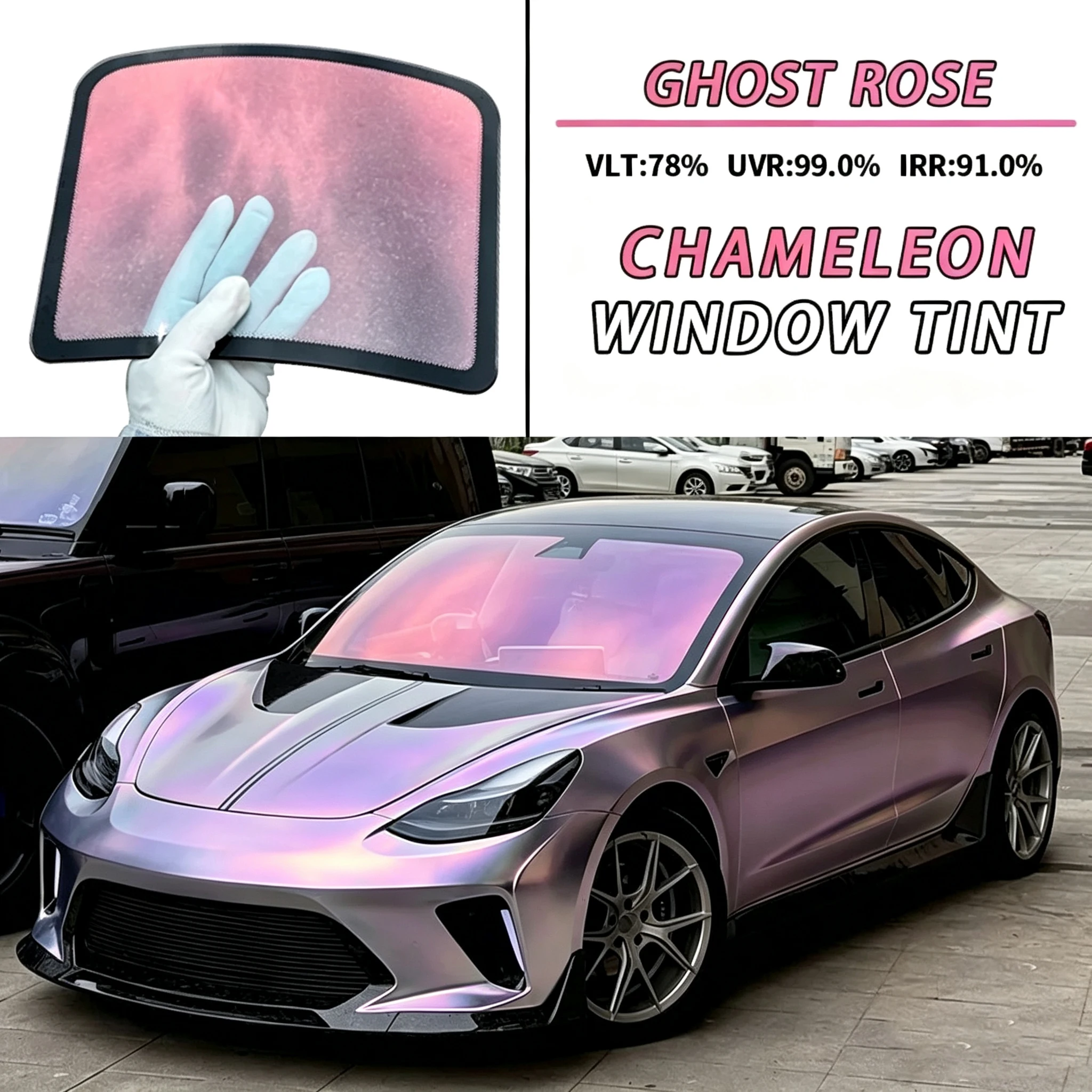 Ghost Rose Color Shift Windshield Tint, Chameleon Iridescent Car Window Film, Anti-UV Decorative Solar Film