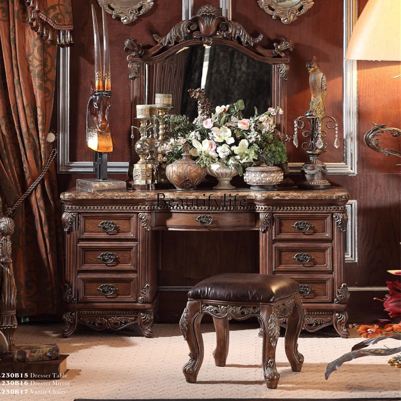 

44European Retro Marble Dressing Table Luxury American Country Solid Wood Retro Makeup Table
