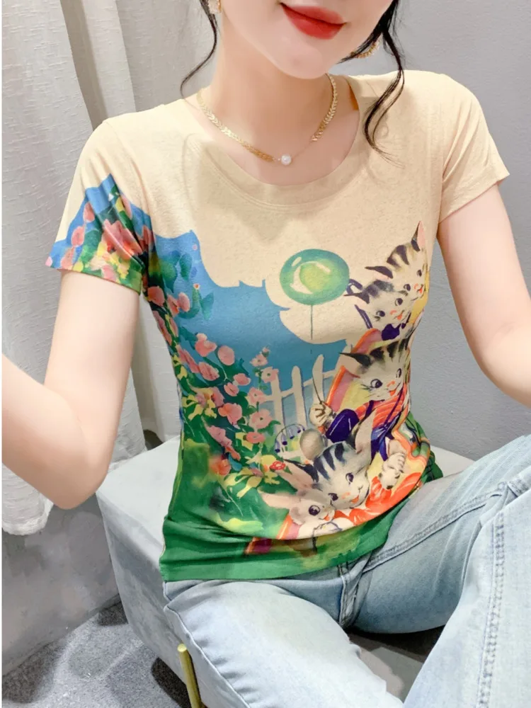 #5764 Cartoon Printed T Shirt Women Short Sleeve Round Neck Vintage Short Tshirt Female Sexy Thin Streetwear Tee Skinny Summer 