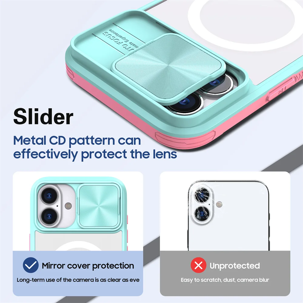 Slide Camera Lens Protection Clear For Magsafe Phone Case For iPhone 16 15 14 13 12 11 Pro Max Magnetic Wireless Charging Cover