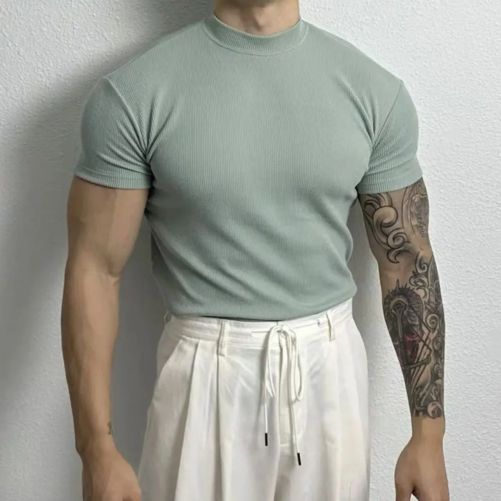 Mens Shaping Slim Knitted T-Shirt Genderless 24 New Fashion Elastic Casual Versatile Comfort Solid Color Short Sleeve Top Unisex