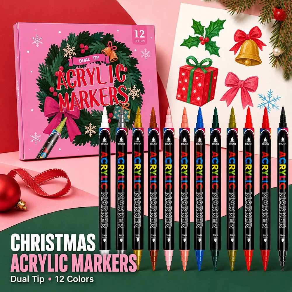 12 Colors Christmas Dual Tip Acrylic Markers Permanent Painting Pens Art Creation DIY Crafts Glass Wood Rock Cards Holiday Gifts