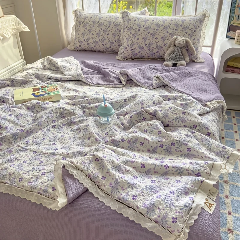 1 Purple, Girly, Sweet-style Lace Summer Lightweight Blanket; Fresh and Airy Tulle and Puff Tulle Air-conditioning Blanket