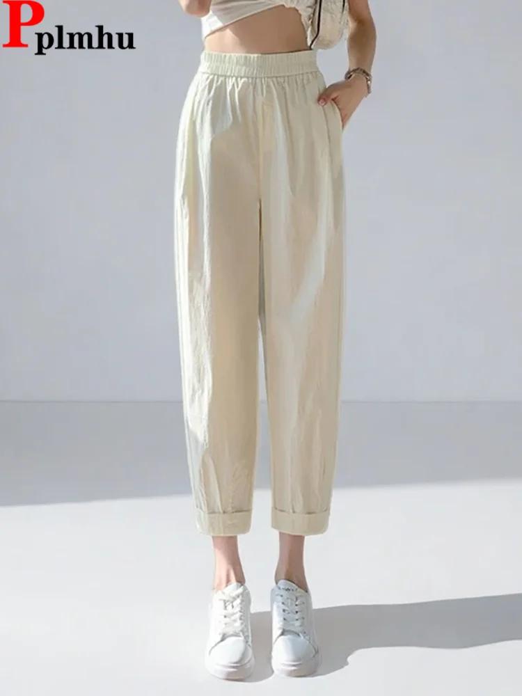 

Spring Fall Loose Straight Pants Women Casual Elastic High Waist Solid Pantalones Korean Fashion Ankle Length Classic Spodnie