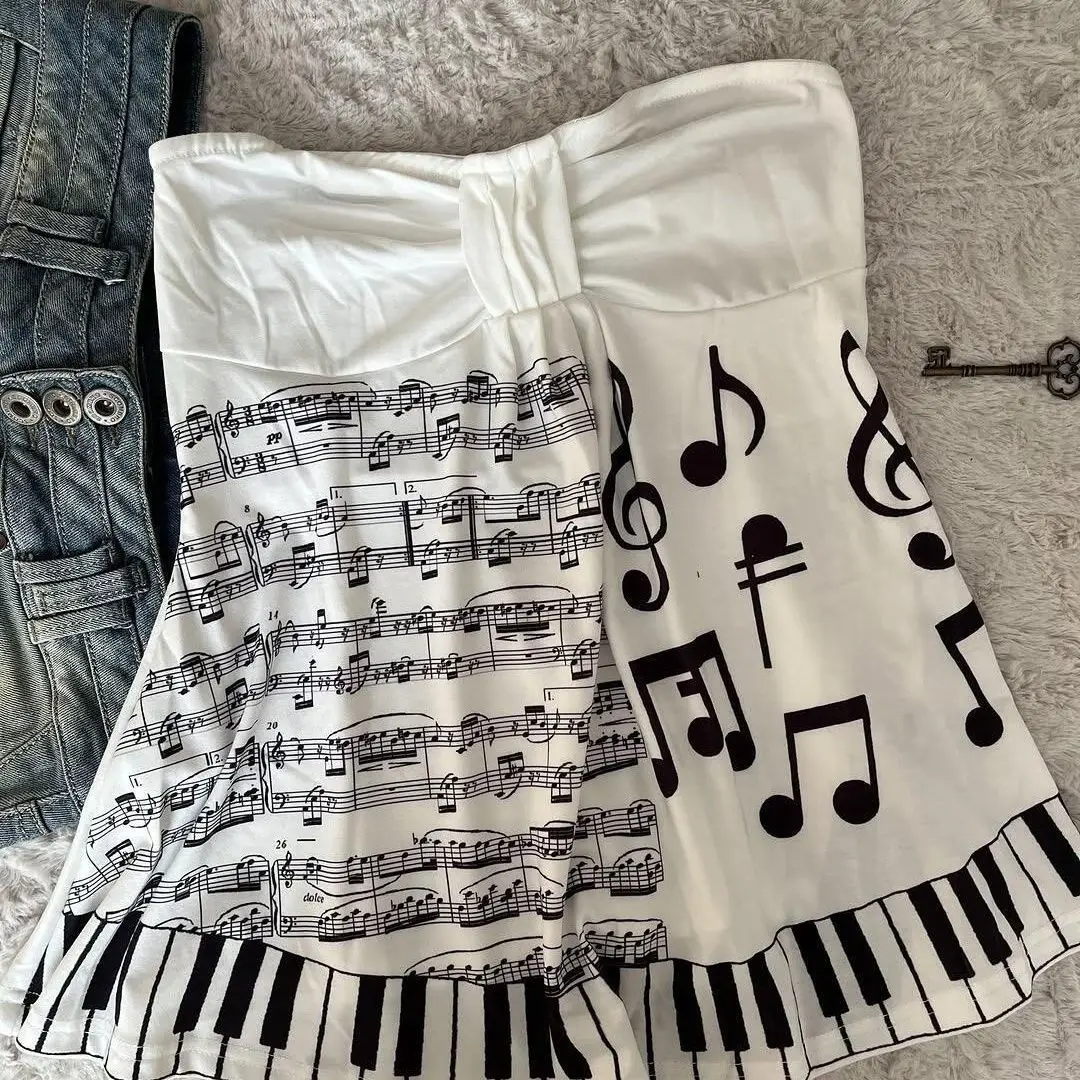 Summer New Vintage Black White Piano Key Punk Style Off-Shoulder Top Women's Short Sleeve Printed T-Shirt Casual Outerwear