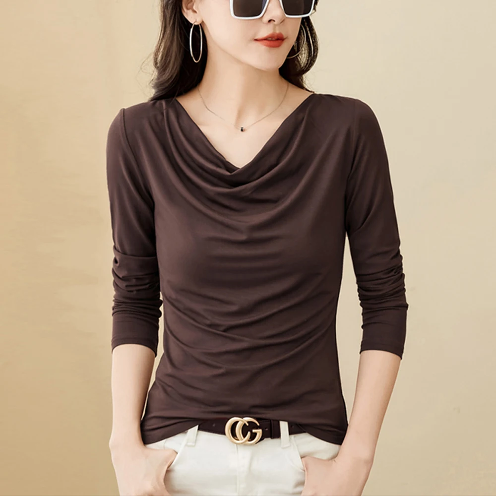 

Korean coffee long sleeved T-shirt for women's autumn new high-end cotton fashion plus V-neck casual top