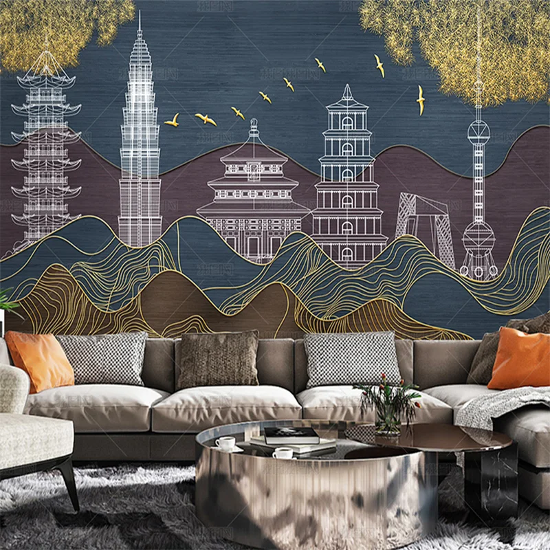 custom 3D New Chinese wallpaper gold line drawing landscape architecture TV sofa living room background wall mural bedroom 8d