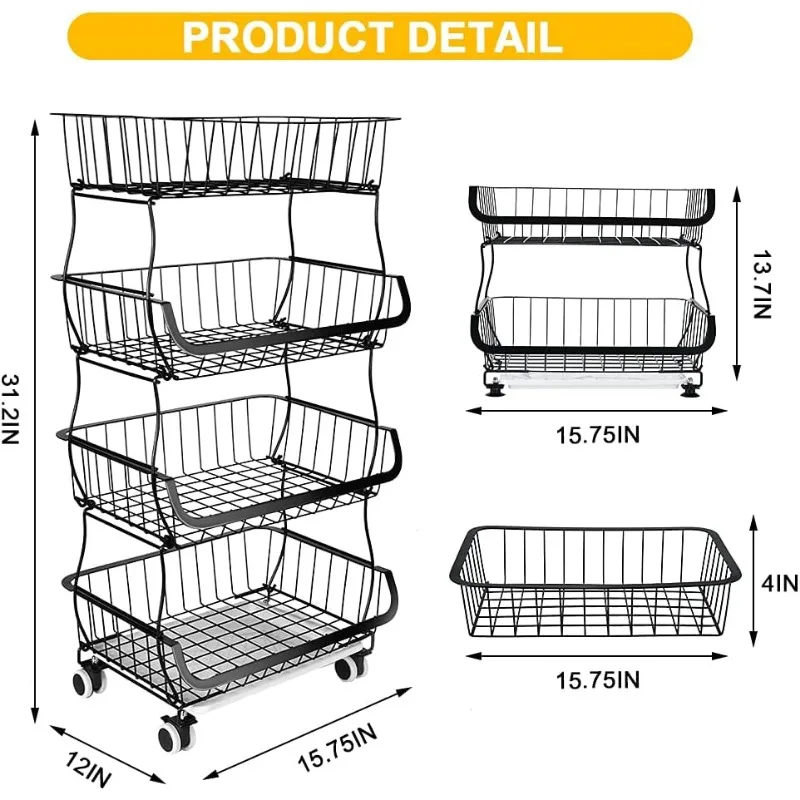 4 Tier Stackable Metal Wire Baskets Cart with Rolling Wheels Utility Fruits Rack Produce Snack Organizer Bins