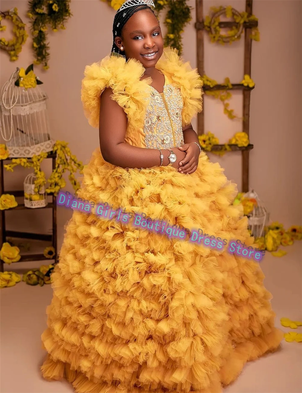 

Quality Luxury Flower Girl Dress Yellow Tulle Fluffy Applique Beading for Little Girl Wedding DressesBirthday Evening Gowns