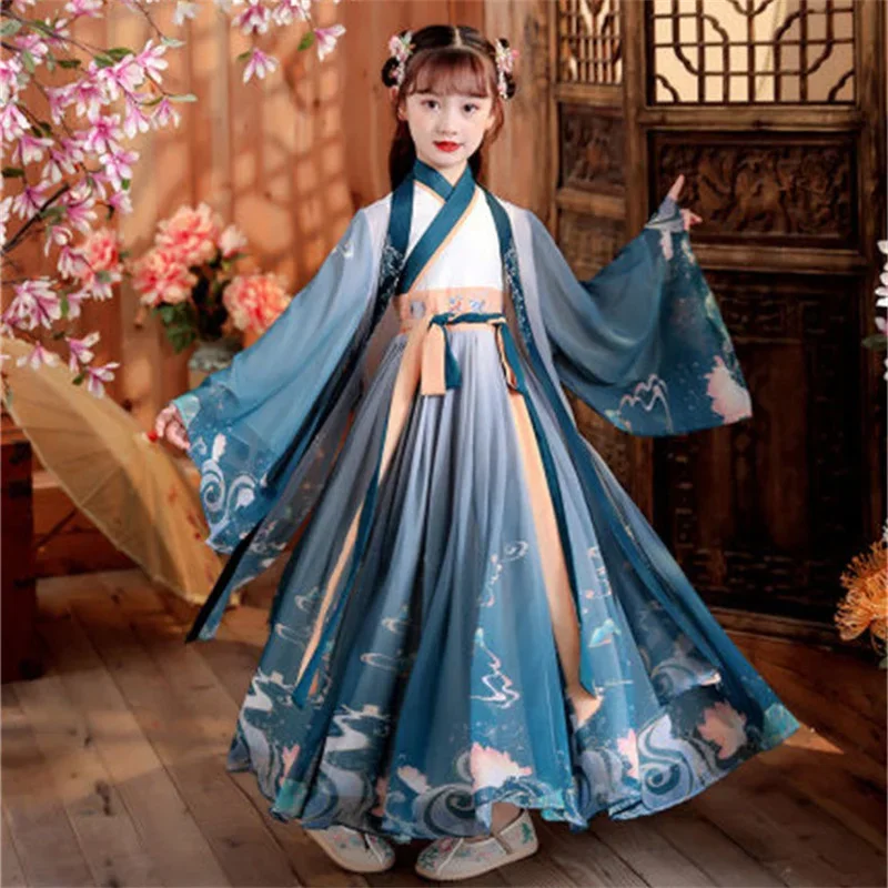 Costume folklorique Hanfu traditionnel chinois pour enfants, vêtements de danse Han pour filles, vêtements de dame dégradés, vêtements de cosplay financièrement, robe de princesse des Prairies