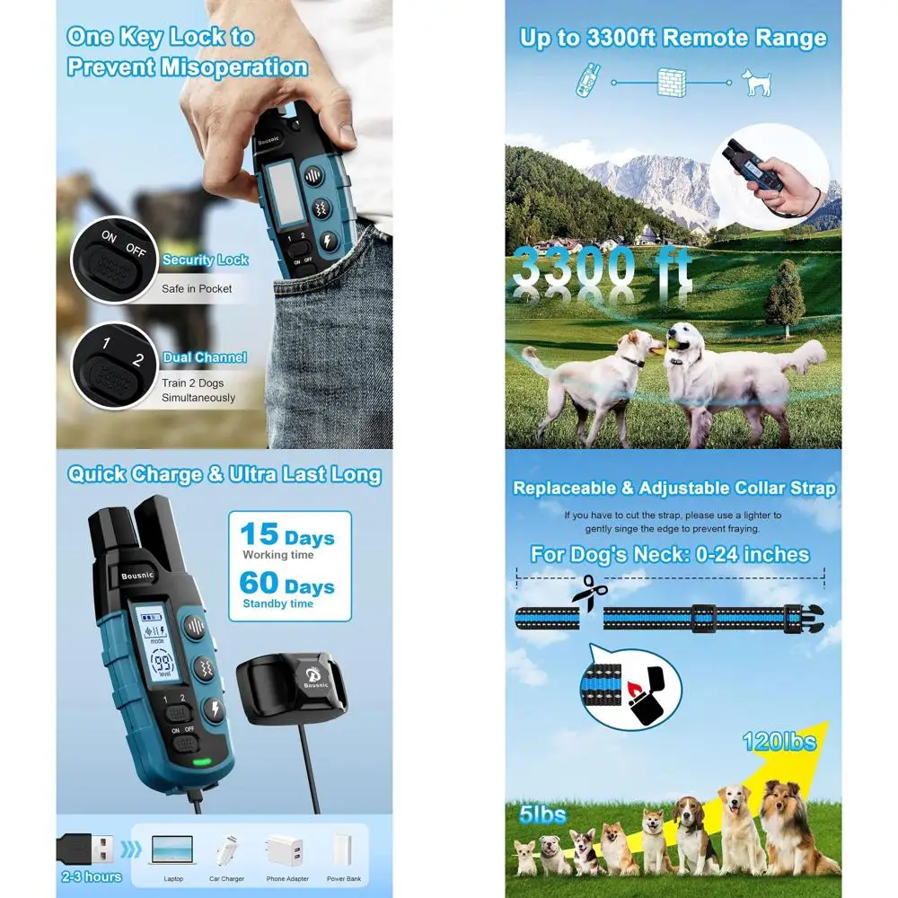 

Waterproof Remote Training Collar for 2 Dogs, 5-120 lbs, 3300 ft Range, Beep, Vibration, and Shock Modes