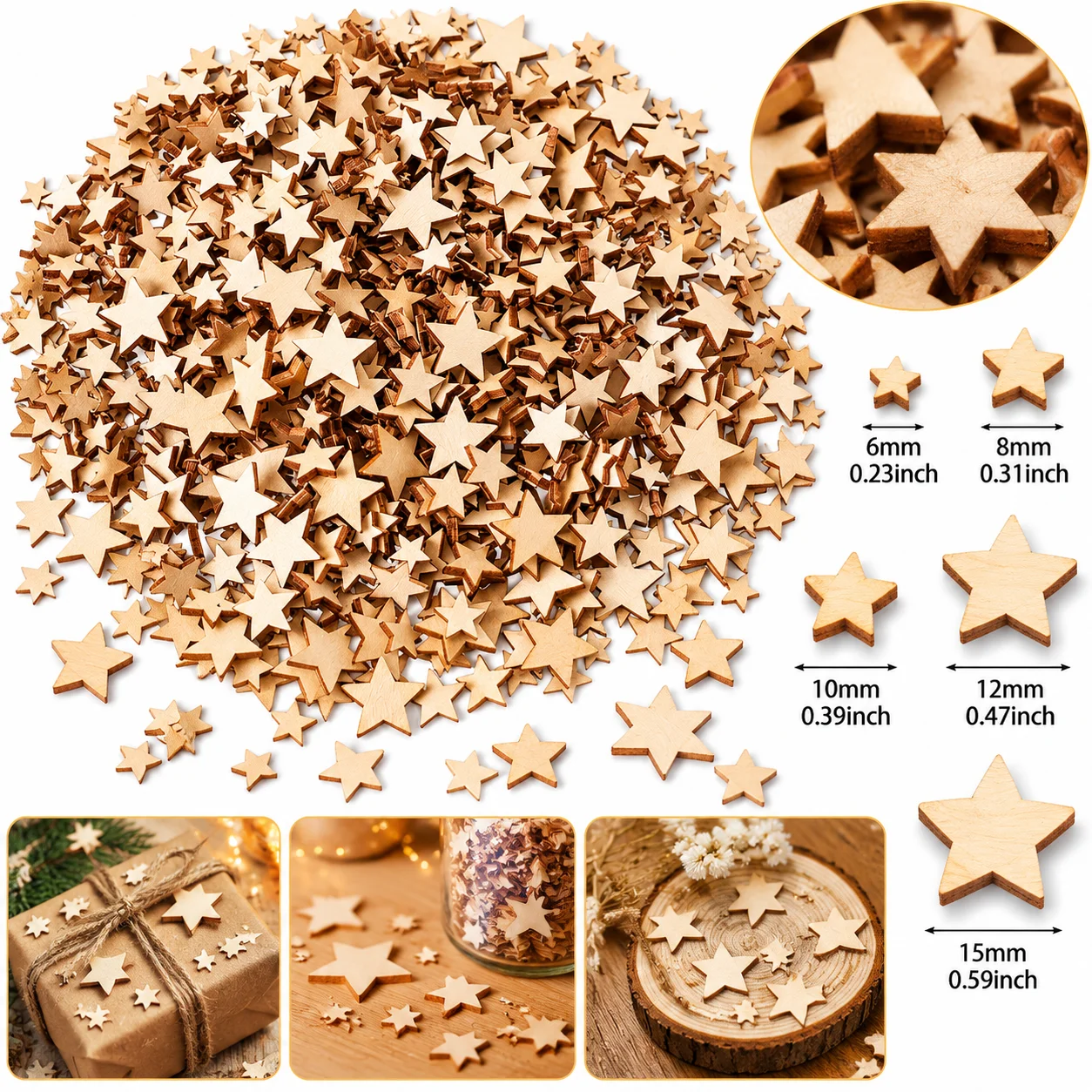 Wooden Stars for Crafts, Mixed Size Unfinished Wood Stars Blank Wood Star Cutouts Pieces for Christmas Wedding Party Holiday DIY