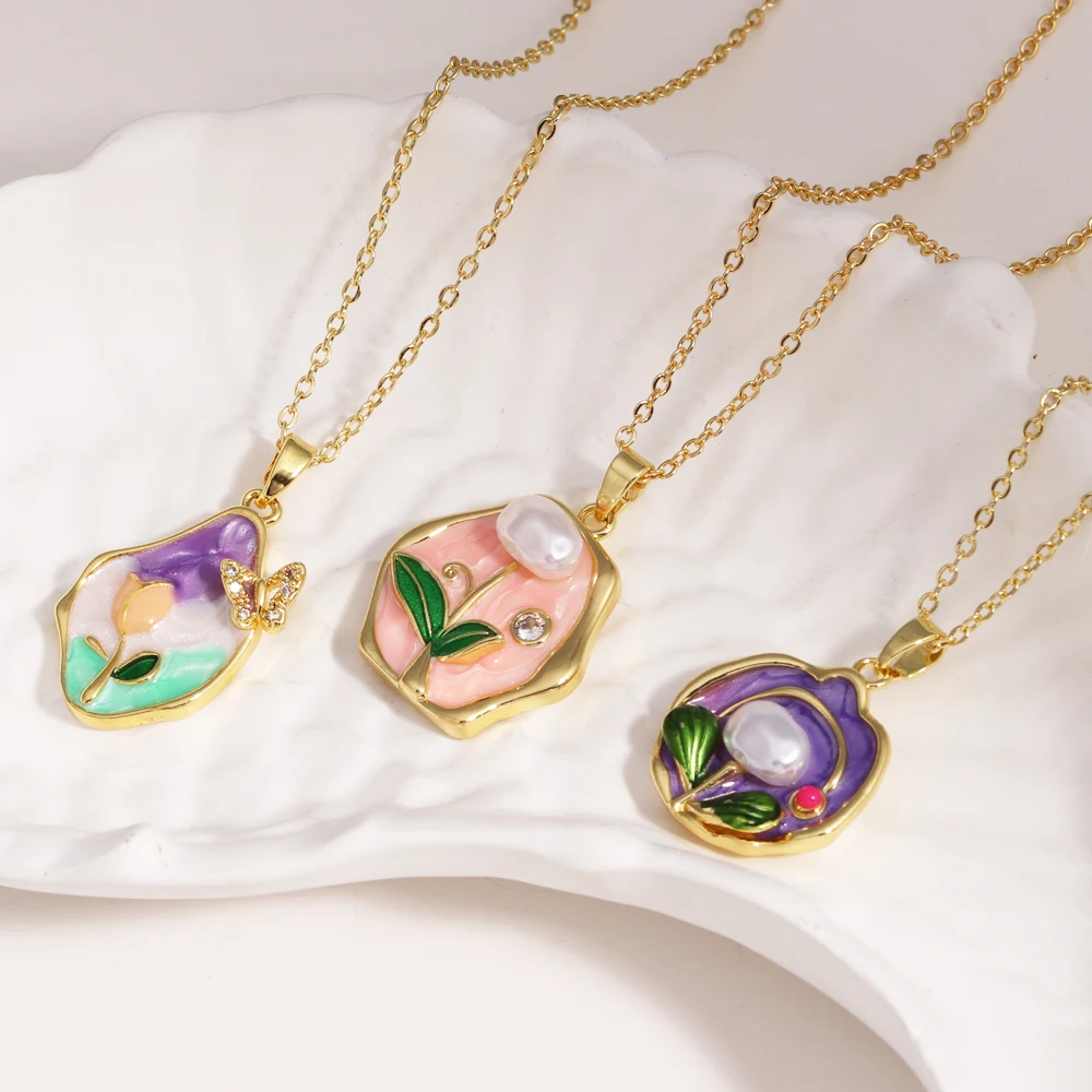 Stainless Steel Women Flower Pendant Necklace 18K Plated Gold Pearl Handmade Oil Painting Series Colored Drawing Enamel Jewelry
